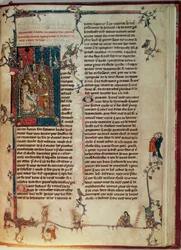 Walter Map taking down a story of the adventures of the Knights of the Round Table on the quest of the Holy Grail at the dictation of King Arthur, from the Manchester Arthurian Roman